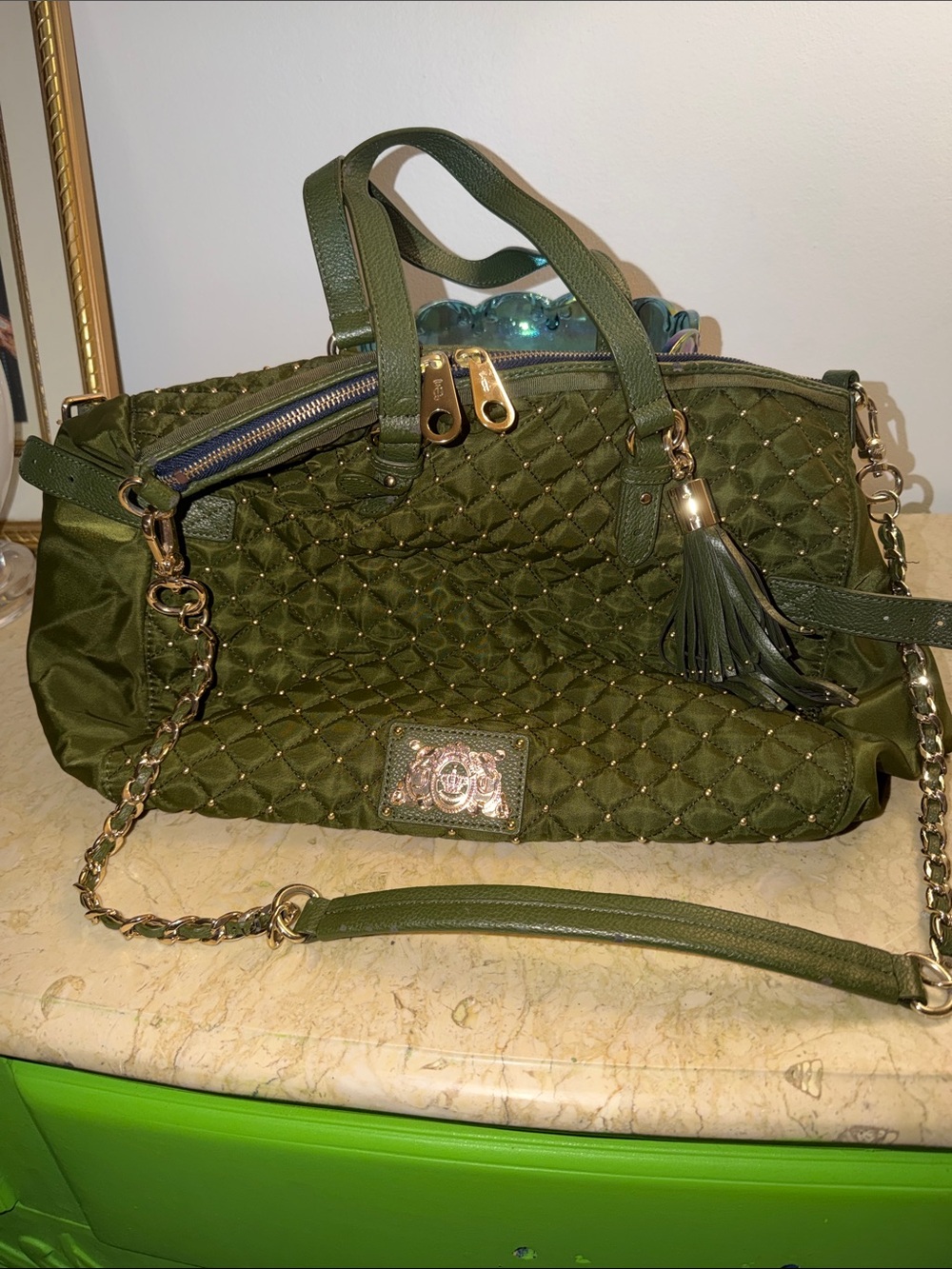 Juicy Couture Quilted Olive Green Shoulder Bag with Tassel
